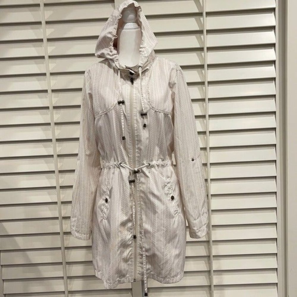 Koton Casual Geometric Hooded Windbreaker Long Jacket Ivory Beige Size 38 Eur
